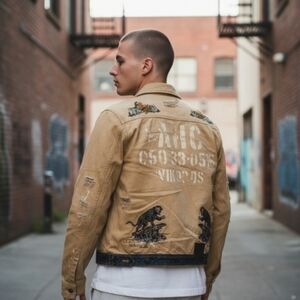 AKOO Brand Denim Trucker Jacket Hip Hop Streetwear Embroidered Distressed  XL